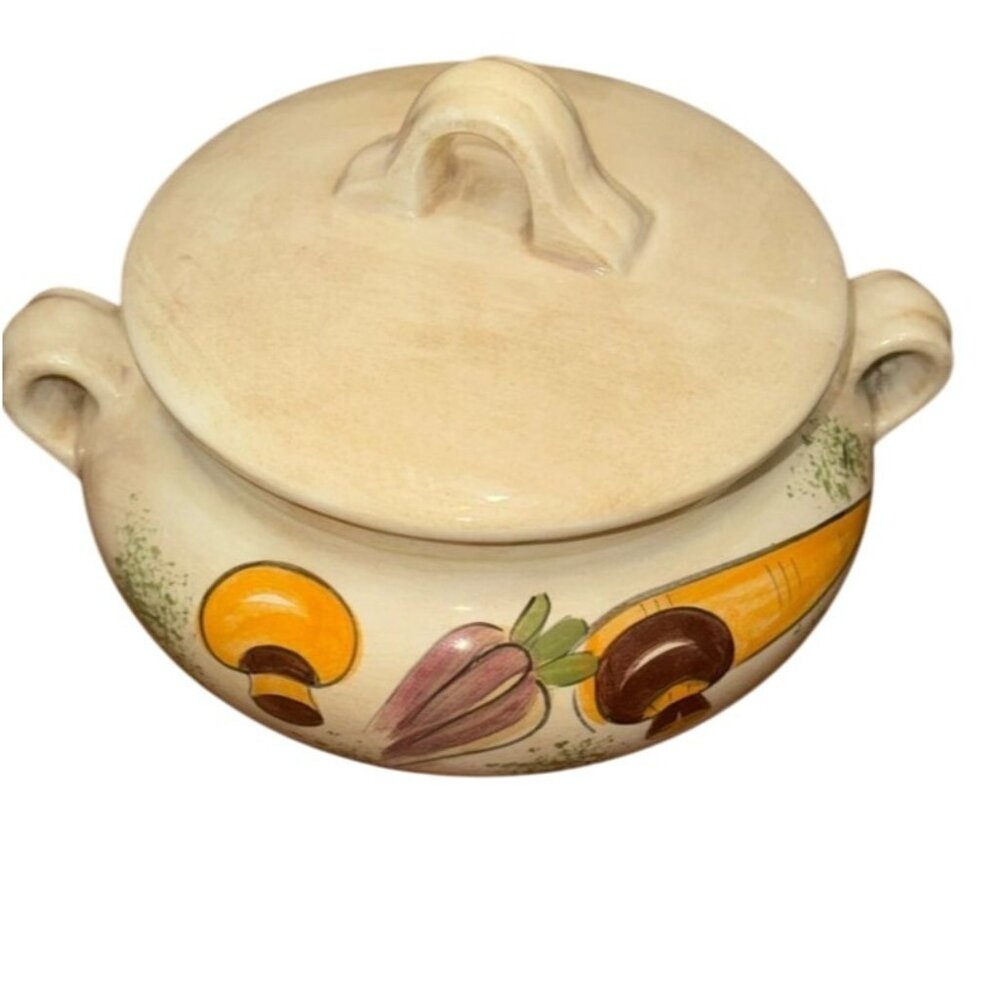 Vintage Hand-Painted Vegetable Motif Ceramic Soup Tureen With Lid